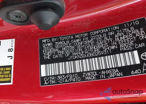 2011 Toyota Prius Two from USA, damaged, VIN JTDKN3DU0B0259311